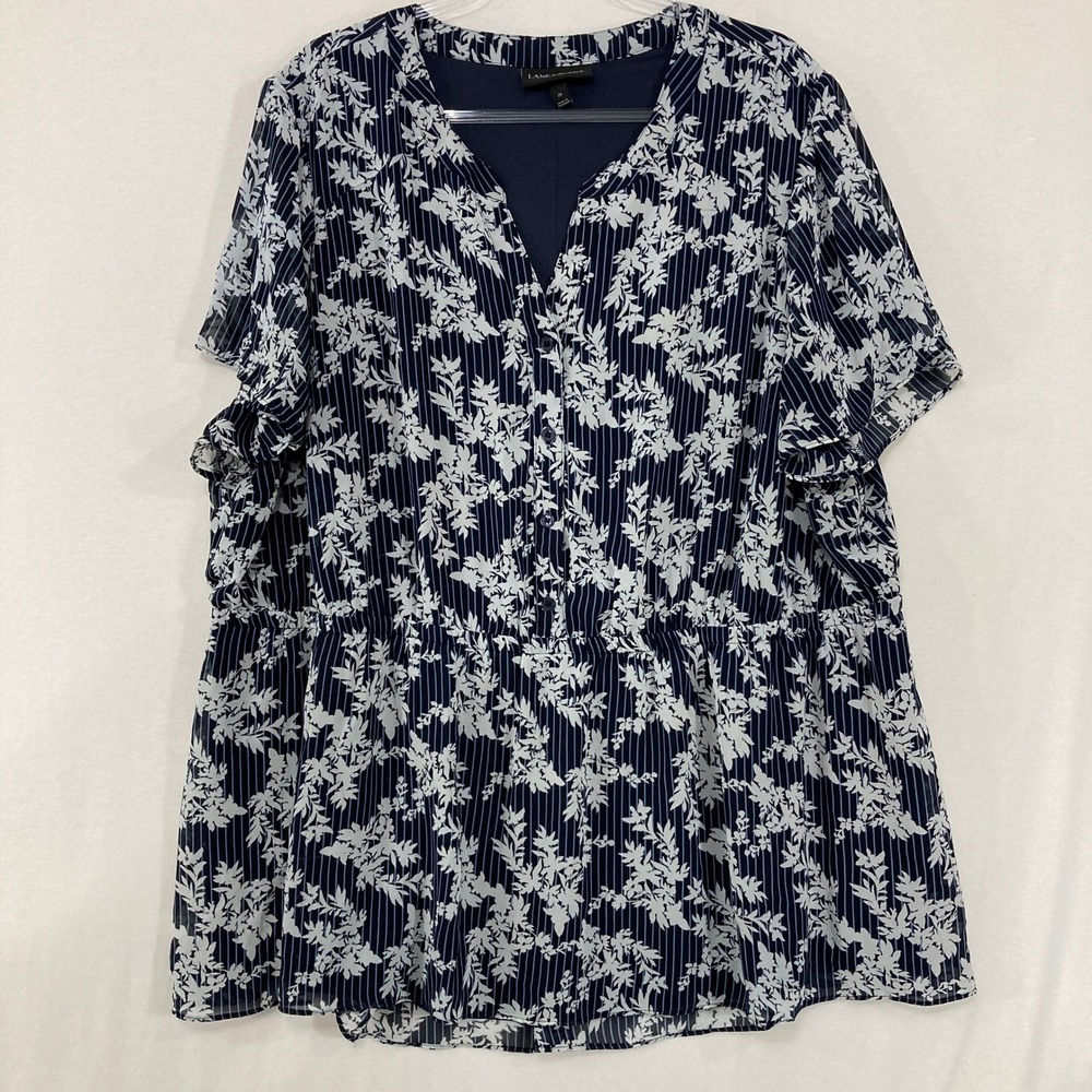Lane Bryant Floral Stripe Blouse size 24 Navy Blue Short Sleeve V-Neck Peplum